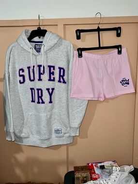 Superdry Grey Hoodie with Pink Pretty Little Thing Chill Club Shorts